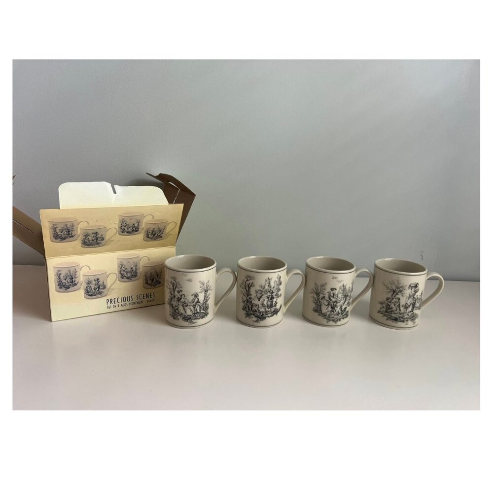 4 Black Toile I.Godinger & Co Coffee Mug Tea Cup Romantic European Toile Style